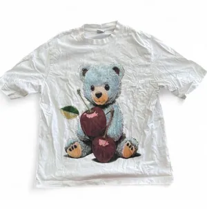 Bershka White Graphic Oversized Tee with Blue Teddy & Red Apple Print thumbnail 1