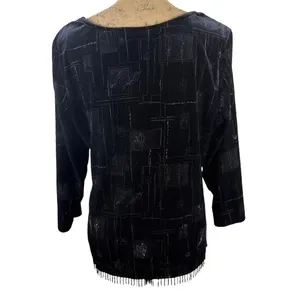Vintage Caribou‎ New York Velvet Fringe Trim Blouse Black Witchy Size Large thumbnail 4