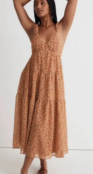 Madewell Womens Georgette Orange Floral Tiered Midi Dress 2/Xs thumbnail 1