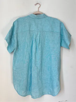 Lauren Ralph Lauren Blue Striped 100% Linen Button Down Blouse Women's Medium thumbnail 4