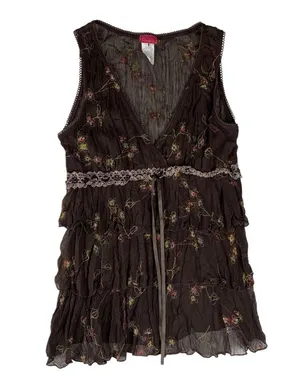 Flamingo size medium tiered vintage Brown Embroidered Top floral boho cottage thumbnail 1