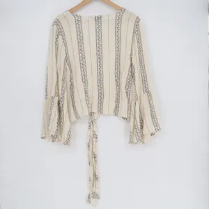American Eagle Outfitters Boho Top Womens L Beige Striped Bell Sleeve Tie-Front thumbnail 4