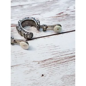 Vintage Clip On Earrings - Elongated Thick Hoops with Gems - Tarnished thumbnail 11