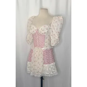NWT!!‎ FOR LOVE & LEMONS Francine Floral Patchwork Mini Dress Lace Coquette XS thumbnail 7