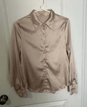 Amazon Women's Satin Button-Up Blouse in Champagne thumbnail 1