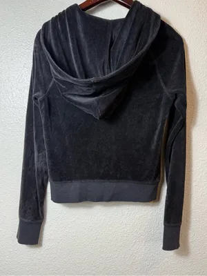 Juicy Couture Y2k black‎ Velour Zip Hoodie Rhinestone Pocket Trim Size S thumbnail 2