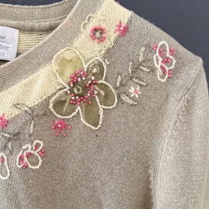 Christopher & Banks Vintage Cottage Green Floral Hand Embroidered Beaded Sweater thumbnail 3