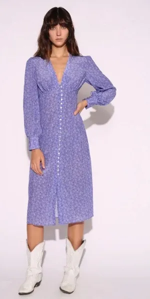 Realisation Par The Vivienne Blue Floral 100% Silk Midi Dress L thumbnail 1