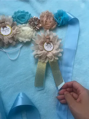 Floral Maternity Sash Belt and brooch in Blue, Cream & Tan thumbnail 4