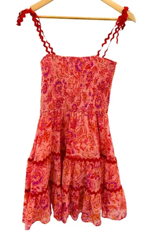 Meet Me In Santorini Pink Floral Smocked Ric-Rac Tiered Mini Dress S Resort thumbnail 1
