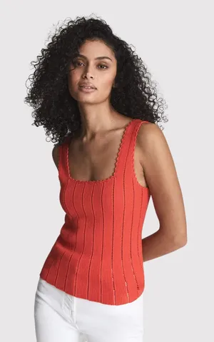 Reiss Womens Top Red Dory Stitch Interest Square Neck Vest Tank Stretch Small thumbnail 1