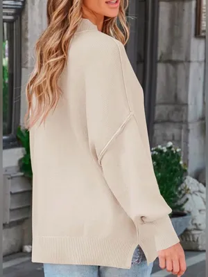 Women's Cream Oversized Crewneck Sweater - Casual Relaxed Fit thumbnail 3