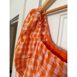 Orange Gingham Puff Sleeve Bustier Bodycon Mini Dress Sweetheart Neck Large thumbnail 9