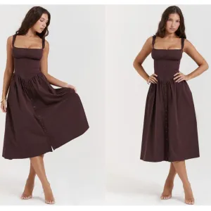 HOUSE OF CB 'Tatiana' Rich Brown Midi Sundress strappy corset back NWOT size XS thumbnail 3
