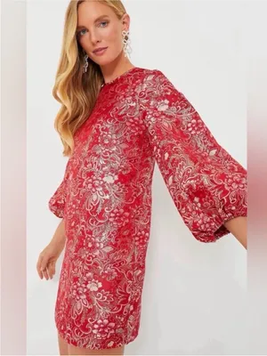 Hyacinth House Tuckernuck Janie Jacquard Mini Dress in Red & Silver thumbnail 2
