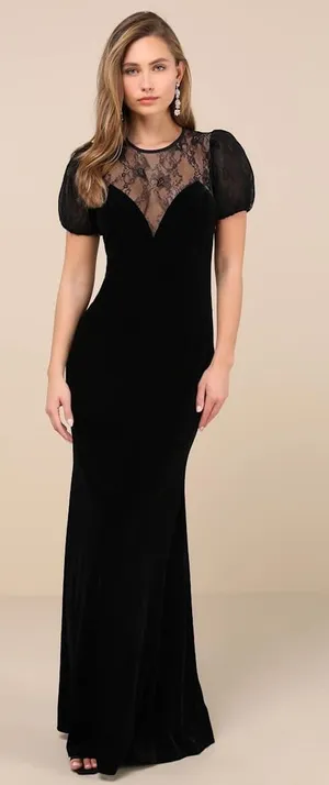 NWT Lulus Alluring Event Black Velvet Lace Puff Sleeve Maxi Dress Banquet Gala L thumbnail 1