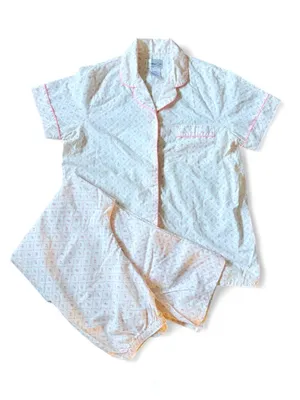 Vintage Short Sleeve Cotton Pajama Set with Pink Piping and Floral Motif Size M thumbnail 1