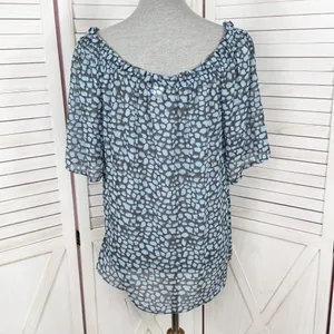 Moda International Printed Beaded Sheer‎ Peasant Blouse Blue Black Medium thumbnail 4