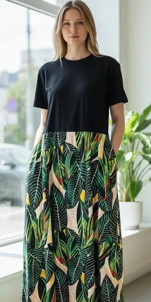 Kancystore Womens Tropical‎ Leaf Print Maxi Dress Black Green Short Sleeve 2XL thumbnail 1
