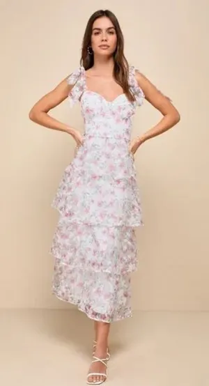 Lulu’s Endlessly Gorgeous Burnout Tie-Strap Midi Dress in White Pink Floral XL thumbnail 1