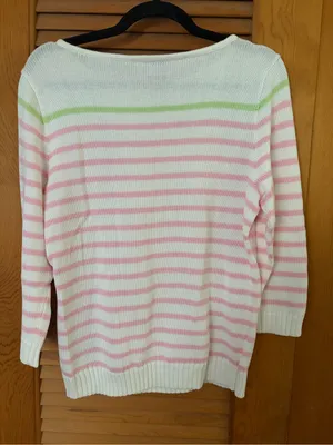Lauren Ralph Lauren Pink White Striped Cotton 3/4 Sleeve Preppy Sweater Size L thumbnail 7