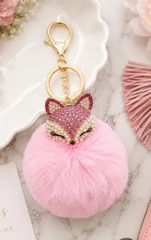 NEW Fluffy Fox Bag Charm Keychain Pom Pom Light Pink Pearl Rhinestone NWT thumbnail 1