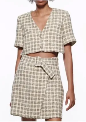 Zara Ecru Textured Check Cut-Out Mini Dress thumbnail 1
