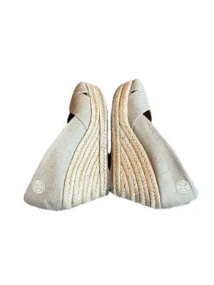Tory Burch Tan Canvas Peep Toe Espadrille Wedges Platform Stretch Size 9 Women's thumbnail 9