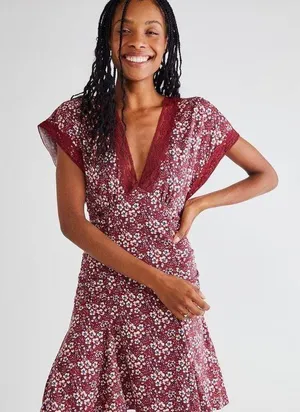 Free People Sweet Talker Lace Mini Dress Size XS Burgundy Floral 90s Grunge Boho thumbnail 1