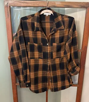 Gilded Intent Buckle Black and Tan/Brown Plaid Button-down Flannel Shirt Medium thumbnail 1