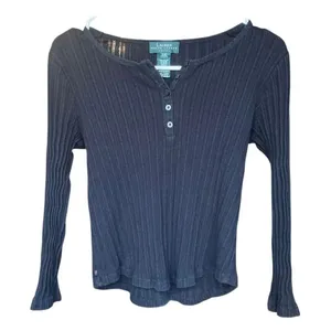 Lauren Ralph Lauren Petite Black Henley Small Petite 100% Cotton #780 thumbnail 1