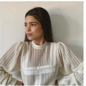 Zara Romantic Sheer Knit Top Lace Trim High Neck Keyhole Back Long Sleeve Size S thumbnail 1