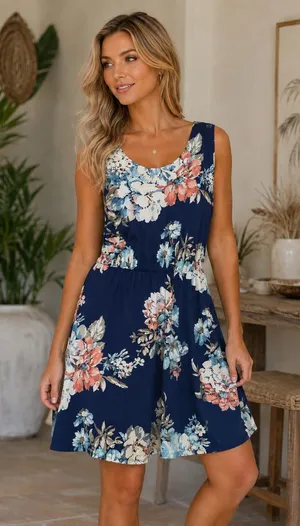 Floral Print Dress S Navy Blue Elastic Waist Stretchy Coquette Cottagecore Beach thumbnail 1