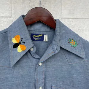 Wrangler Unisex Women’s Chambray Embroidered Shirt Pearl Snap Small thumbnail 5