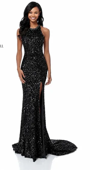 Sherri Hill 51430 Black Sequin Halter Gown Open Back High Slit‎ NWT Size 0 thumbnail 1