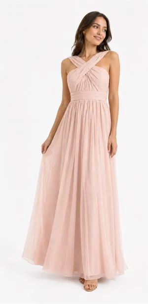 NWT JJ's House‎ Pearl Pink Halter Neck Pleated Chiffon Maxi Bridesmaid Dress thumbnail 1
