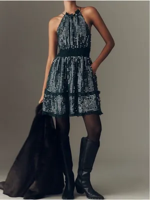 Anthropologie The Somerset Shine Mini Halter Dress In Dark Green Size M thumbnail 4