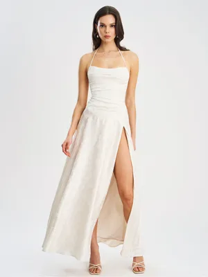 NWT Miss Circle Raegan Pearl White Jacquard Ruched Maxi Dress M thumbnail 7
