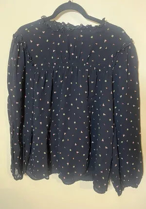 Sanctuary Anthropologie Women Top L Black Floral Ruffle Lined Smocked Blouse thumbnail 1