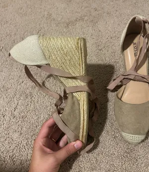 JustFab Taupe and Cream Espadrille Wedge Sandals with Ankle Wrap thumbnail 1