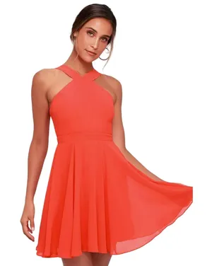 Lulus Women Flowy Forevermore Skater Mini‎ Dress in Coral Red Size Small thumbnail 1