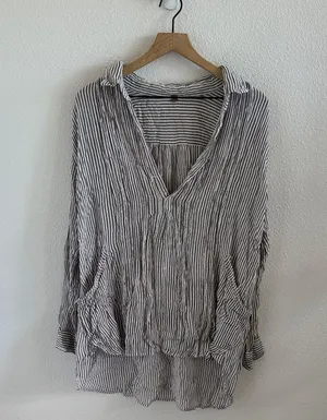 Free People One Gray and White Stripe Slouchy Pocket Top Small thumbnail 1