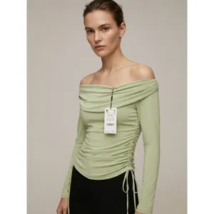 Zara Women Top Large Green Off-the-Shoulder Ruched Drawstring Long Sleeve thumbnail 2