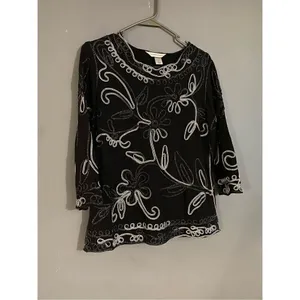 Christopher&Banks Black Sparkle Embroidered Scalloped Hem 3/4 Sleeve Top S thumbnail 2