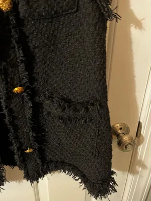 Zara Black Textured Tweed Waistcoat with Frayed Trims and Gold Buttons thumbnail 6