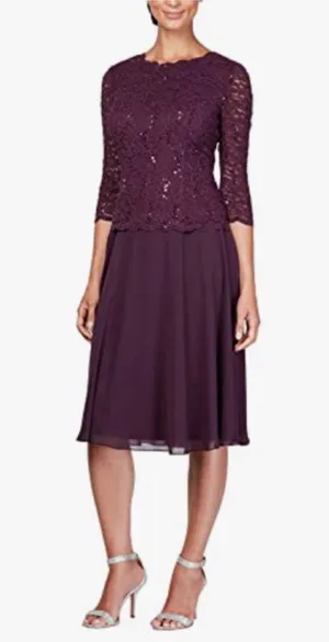 Alex Evenings Womens Size 12 Tea-Length Lace Mock Special Occasion Dress, Deep Plum, Reg $450.15 thumbnail 1
