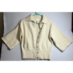 HM Cream Short Sleeve Knit Cardigan Collared Button Front Sweater Small thumbnail 3