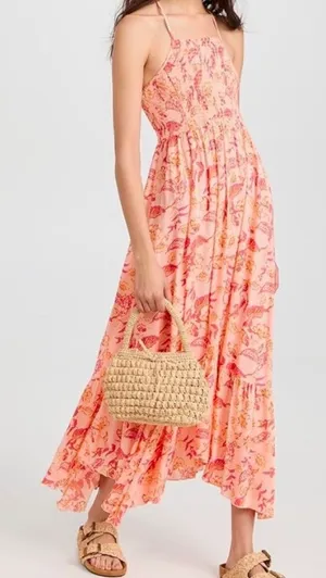 Free People Dusk Coral Combo Smocked Maxi Dress Floral Print‎ Halter Style Large thumbnail 1
