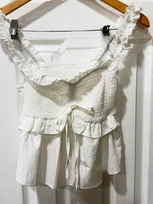 Source Unknown White Ruffled Smocked Crop Top thumbnail 1