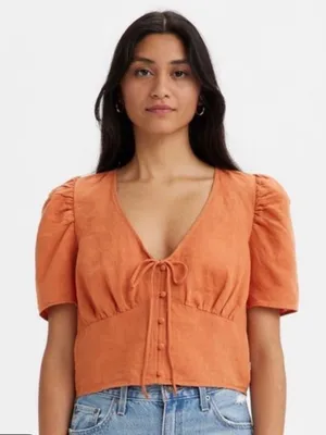 Levi's Luisa Linen Blend Rust Orange Cropped Puff Sleeve Top with Bow Tie Front thumbnail 1